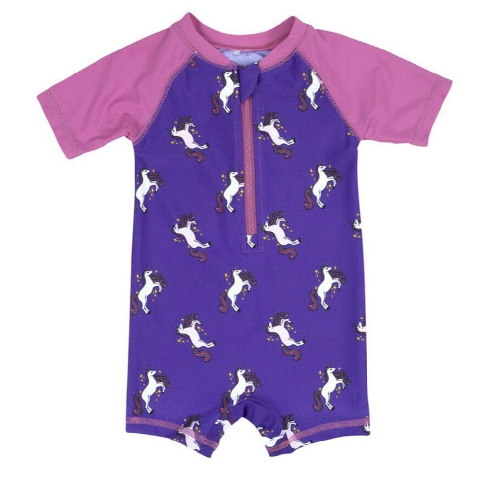 New Leveret Pink/Purple Unicorn Zip-Front Raglan One-Piece Rashguard 18-24 Month